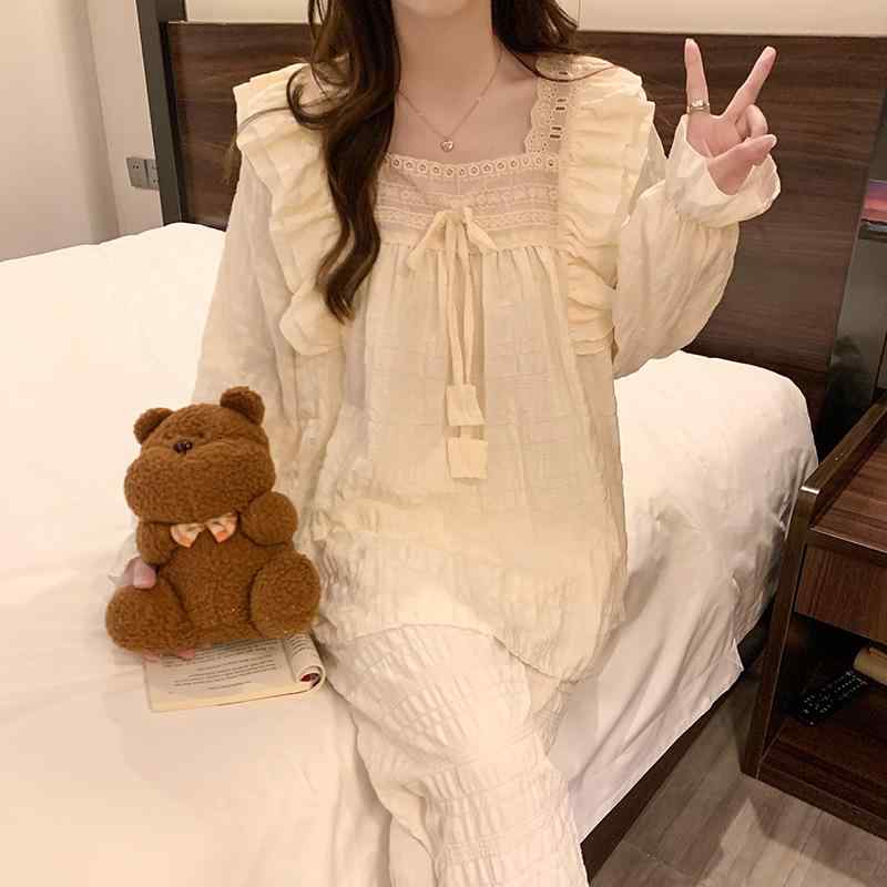 パジャマ レディース かわいい セットアップ 長袖 長ズボン ワンショルダー コットン 混紡 肌触り良い 適度な厚み 杏色 ピンク グリーン 少女向け ホームウェア スイートスタイル 春秋 室内着 ゆったり リラックス 日常使い 柔らかい 軽量 通年対応