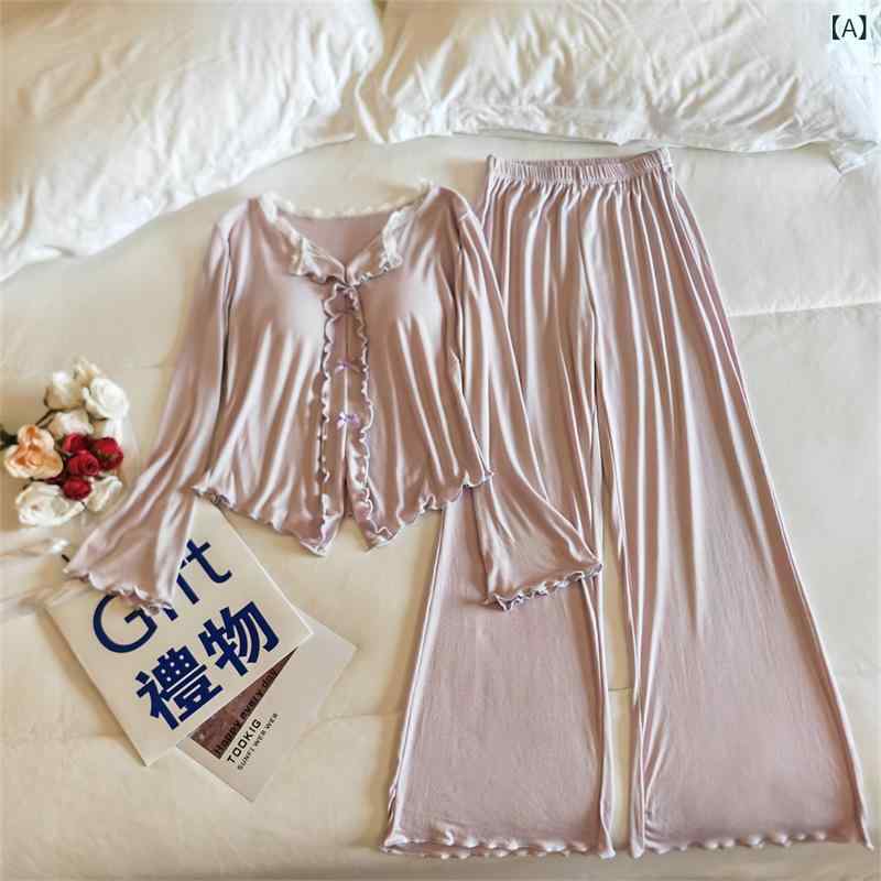 パジャマ レディース 春夏 モダール素材 長袖 Vネック 薄手 接触冷感 かわいい レース 花辺 胸パッド付き 長ズボン セット 寝間着 ルームウェア ゆったり 快適 薫衣草紫 ミルクイエロー ブラック グレー ポインテッド 柄