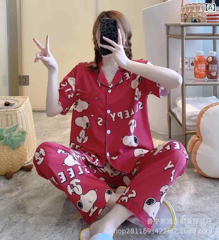 レディース ホームウェア セット 短袖 開襟 長ズボン 春夏 秋 薄手 接触冷感 ポリエステル 快適 かわいい カードゥ プリント 赤 柄 赤 系 ブルー 系 グレー 系 ピンク 系 ホワイト 系 ブラウン 系 居家用 ホテル用 軽量 吸湿速乾 通勤 普