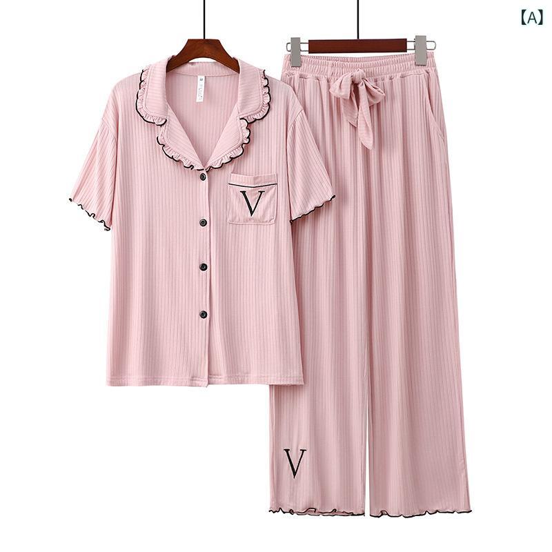 パジャマ レディース モダール 開襟 短袖 長ズボン セット 薄手 透気性 快適 ホームウェア ピンク ホワイト ブラック グレー ライトブルー かわいい ハート柄 ヨーロピアンスタイル