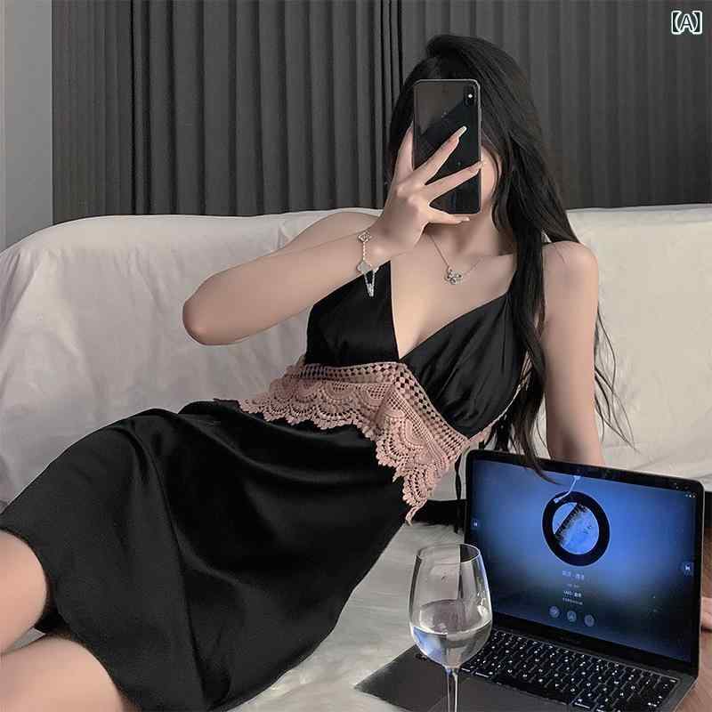 Other - レディース 寝間着 セット セクシー 背中開き スリップドレス 胸パッド付き 吊り紐 キャミソール シンプル ガウン ルームウェア 薄手 ポリエステル 再生繊維 Vネック ノースリーブ ブラック アイスブルー ゆったり フィット 吸湿速乾 居家 リラック