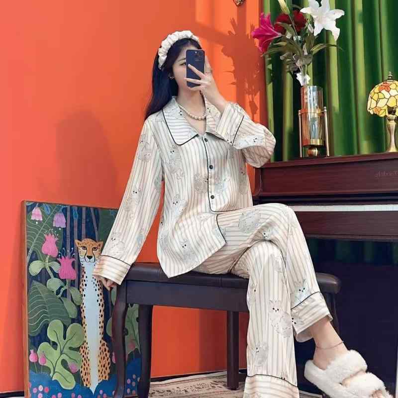 レディース 接触冷感 長袖 開衫 六点セット ホームウェア ルームウェア ナイトウェア ピジャマ セット 聚酯繊維 薄手 中厚 翻領 長袖 長ズボン 吊りトップ 短パン 長吊り ヘアゴム アクセサリー かわいい 柄 デザイン 多色 柄 ミックス 軽量 快