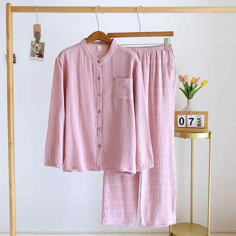 パジャマ レディース 純棉 ガウン 長袖 長ズボン セット 薄手 透気性 快適 春夏 秋 居家 睡眠 シンプル カジュアル 豆沙色 紫色 立襟 青年女性 綿100%