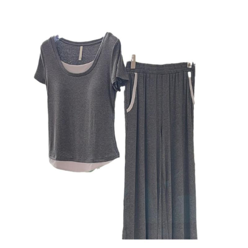 レディース ホームウェア セット 接触冷感 再生繊維 薄手 丸首 短袖 長ズボン 透気性 伸縮性 快適 シンプル カジュアル グレー 夏用 スリムフィット ゆったりシルエット 部屋着 通勤対応 アウトドア