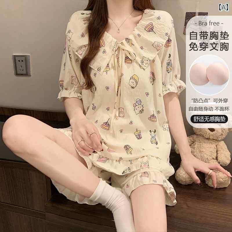 Other - 女性用パジャマセット 夏用 短袖 ショートパンツ 接触冷感 透気性 軽量 薄手 涼しい かわいい プリンセス風 カラフル トート 日常着 外出可能 居宅 快適 ポリエステル コットン風 セットアップ ルームウェア ホームウェア スリープウェア 寝間着 イ