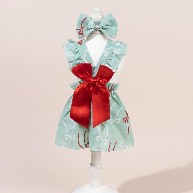 ペット服 犬猫用 メス向け プリンセスドレス 蝶ネクタイ ワンピース コットン ポリエステル 軽量 通気性 かわいい 黒白格子 赤丸点 青白格子 豆緑リボン 小格子 頭飾り XS S M L XL