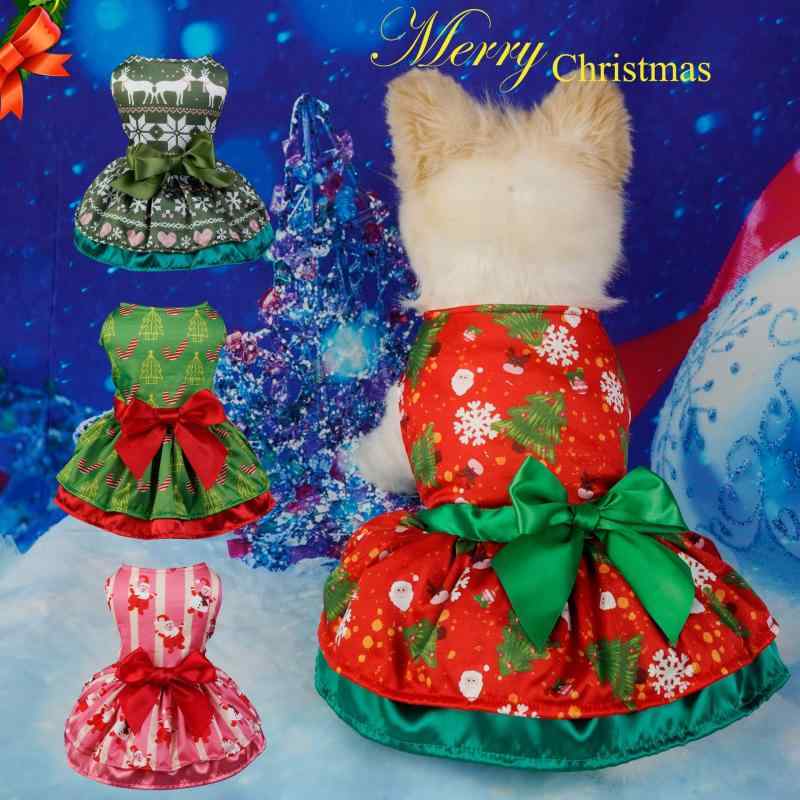 ペット服 女の子用 クリスマス ドレス プリンセス風 スカート ポリエステル素材 かわいい ハート鹿柄 クリスマス老人柄 グリーン 雪花 クリスマスツリー柄 ハッピー フェスティバル 装い パーティー 季節限定 かわいい ペット 衣装 軽量 伸縮性 冬