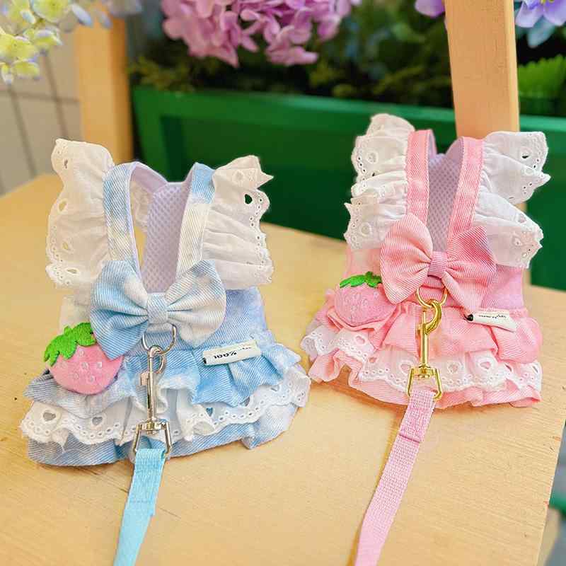 ペット 服 犬猫用 薄手 デニム スカート ドレス 引っ張り紐付き プリンセス風 小型犬 テディ ビションプリンセス 春夏 牛仔素材 軽量 通気性 かわいい グラデーション カラー ブルー ピンク ユニセックス 普段使い