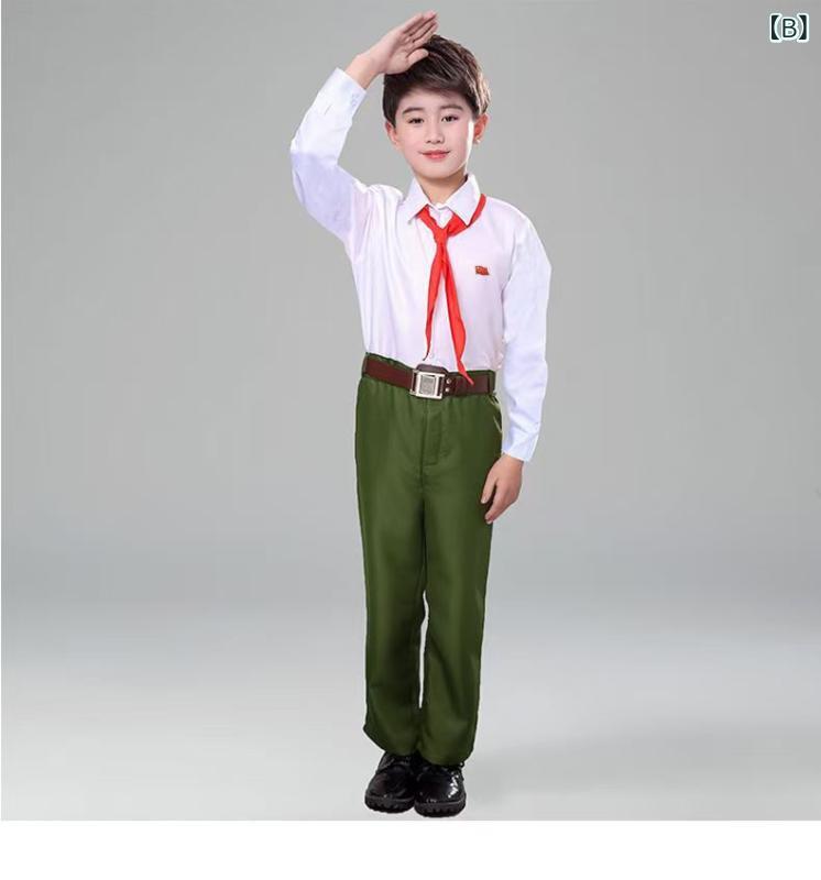 子供合唱服 男女共用 学生パフォーマンス衣装 雷鋒学習風 赤い星モチーフ 紅歌演出用 ニット素材 伸縮性 安全A級 ミリタリーグリーン グリーン 湖ブルー スカイブルー 赤 ダークレッド 通学 学校行事 ダンス ステージ 3-8歳 中小児 100-160 2