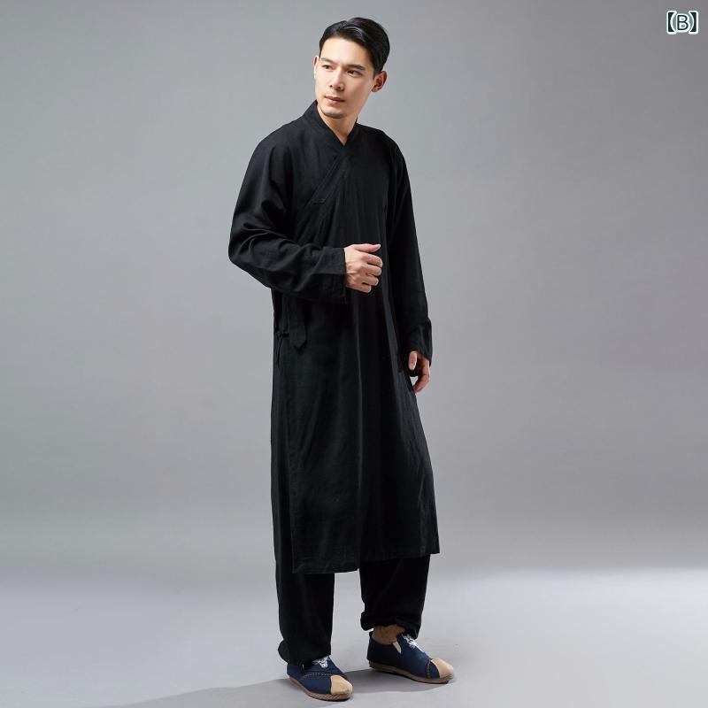 長袍 メンズ 民国風 唐装 斜め襟 ロングシャツ 麻混紡 コットン 復古 中国風 トップス ゆったりシルエット 通勤 普段使い 部屋着 軽量 通年 ホワイト ブラック ネイビー 伸縮性 吸湿速乾 男性用 漢服 風呂敷風 ゆったりフィット 洗いやすい 3