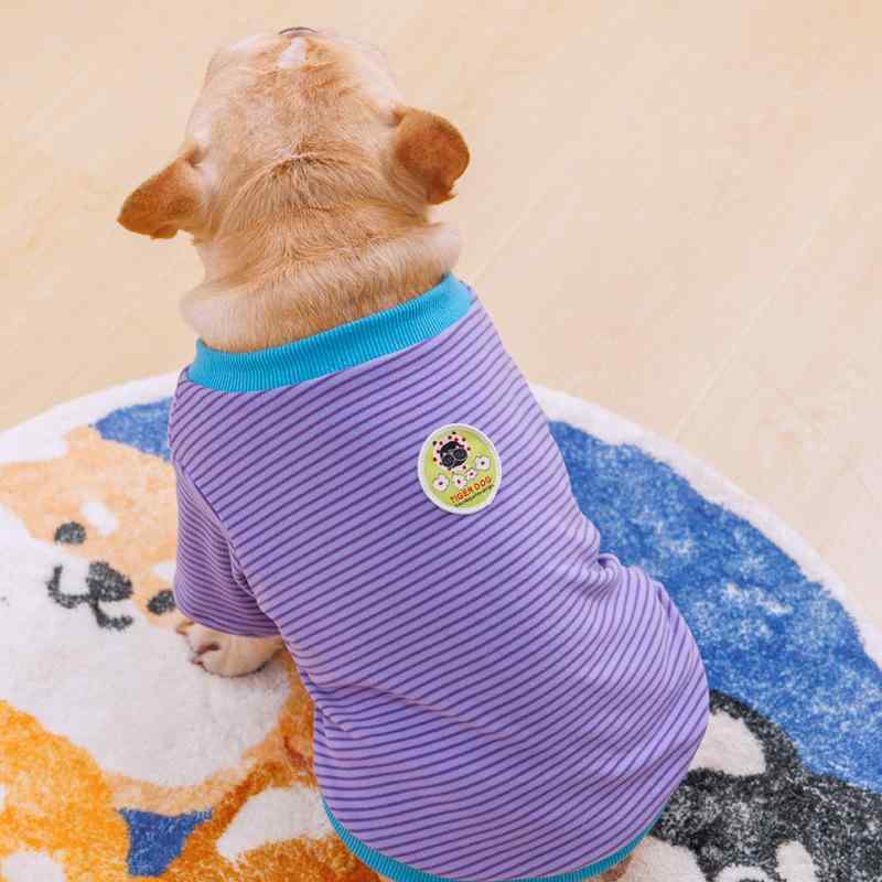 ペット用 ユニセックス Tシャツ フレンチブルドッグ パグ 短足犬 フランネル ストライプ 柄 弾力 保暖 居家着 紫色 ピンク系 ブラウン アイボリー コットン混 軽量 伸縮性 通年用 カジュアル かわいい ペット服(x2)