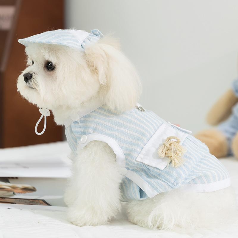犬用 猫用 ペット服 春夏 中型犬 小型犬 背心 ストライプ 蝶結び シンプル ユニセックス テディ 綿素材 軽量 吸湿速乾 通気性 かわいい カジュアル ブルー グリーン