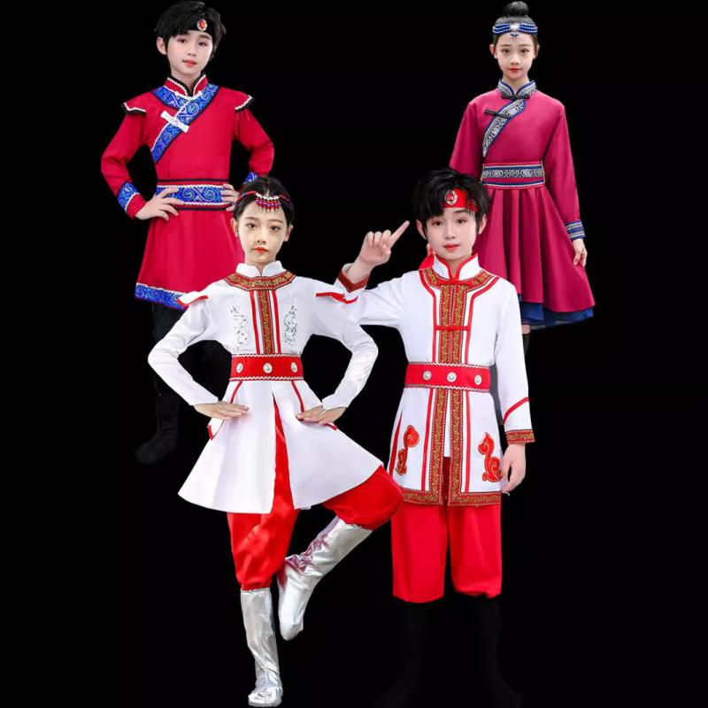 子供用 民族衣装 蒙古族 ダンス 衣装 男の子 女の子 セット 柔軟 ポリエステル 麻混紡 春秋 赤 紺 赤系 宝藍 バラ赤 天藍 110cm 120cm 130cm 140cm 150cm 160cm 170cm 民族スタイル 柔らかい素材 子供ダンス