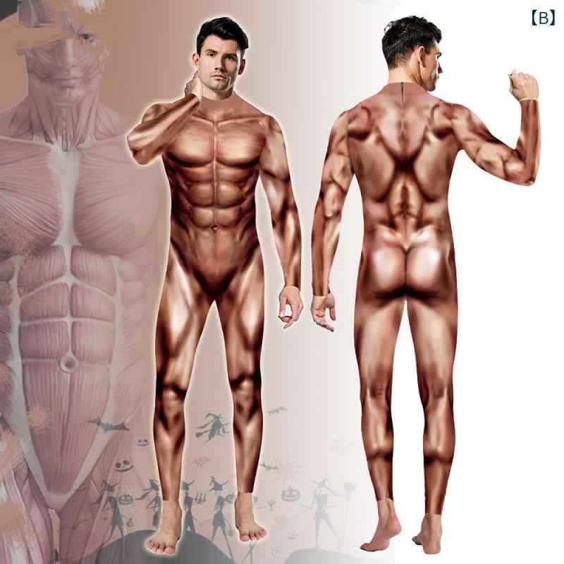 コスプレ衣装 万聖節 筋肉 ユニセックス ステージパフォーマンス ハロウィン 奇幻 プリント ボディスーツ 全身タイト 男女兼用 コスチューム 仮装 コスプレ 伸縮性 ポリエステル 再生繊維 フィット感 ダンス ステージ 秋 秋冬 3