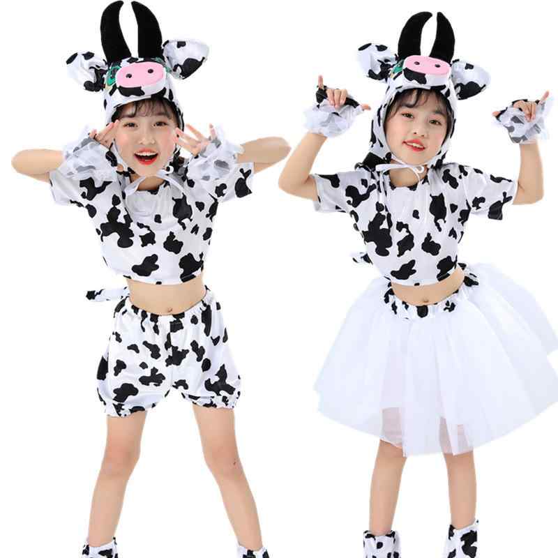 キッズ コスプレ 衣装 牛柄 ハロウィン 演出服 ダンス 衣装 子供用 分体式 スカート 短パン 金絲绒 素材 ポリエステル 混紡 柔らか素材 かわいい 動物モチーフ 通年 室内外 対応 手袋 脚カバー セット ユニセックス 3-8歳 100-140cm