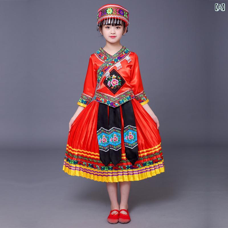 女児 民族舞踊服 苗族 壮族 彝族 瑶族 侗族 衣装 女の子 子供用 ダンス衣装 演出服 伝統衣装 ポリエステル 麻丁 生地 大赤色 バラ赤色 天藍色 円帽子 扇形 頭飾 通年用 軽量 伸縮性 ステージ 衣装 かわいい デザイン