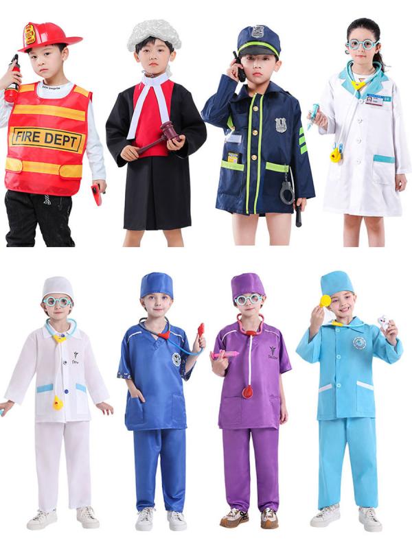 子供 職業体験服 キッズ コスチューム 男の子 女の子 共用 警察 消防士 看護師 医師 歯医者 獣医 飛行士 宇宙飛行士 作業員 厨師 理髪師 裁判官 海賊 海軍 空姉 卒業服 博士服 迷彩服 弁護士 柔らかい ポリエステル 印花 デザイン 簡約 スタ