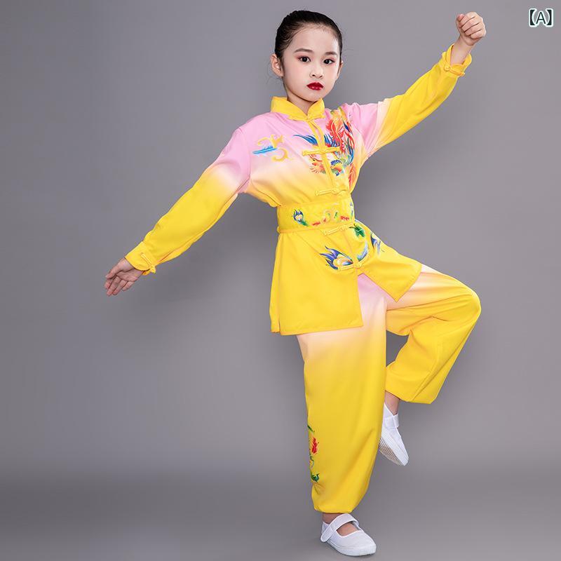 子供 武術 練習着 小学生 トレーニング服 中国風 長袖 太極拳 競技 衣装 セット 涤纶 ポリエステル 吸湿速乾 軽量 伸縮性 黄色 赤色 黒色 藍色 通年使用 男女兼用 ステージ 衣装 古風 デザイン