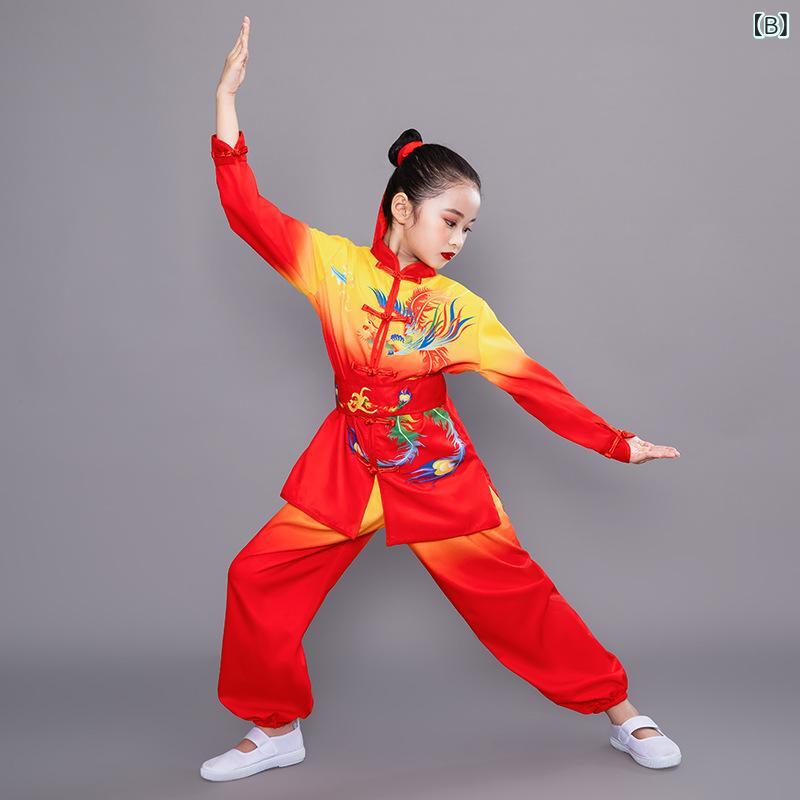 子供 武術 練習着 小学生 トレーニング服 中国風 長袖 太極拳 競技 衣装 セット 涤纶 ポリエステル 吸湿速乾 軽量 伸縮性 黄色 赤色 黒色 藍色 通年使用 男女兼用 ステージ 衣装 古風 デザイン 2