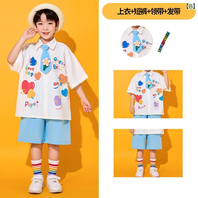 キッズ ユニセックス 学院風 ララチーム ダンス衣装 子供 合唱 卒業写真 服 ポリエステル 吸湿速乾 軽量 夏 春夏 ブルー ピンク 花柄 切り替え ショートパンツ チュールスカート ネクタイ ヘアバンド ソックス ハンカチ 通学 イベント ステージ 2
