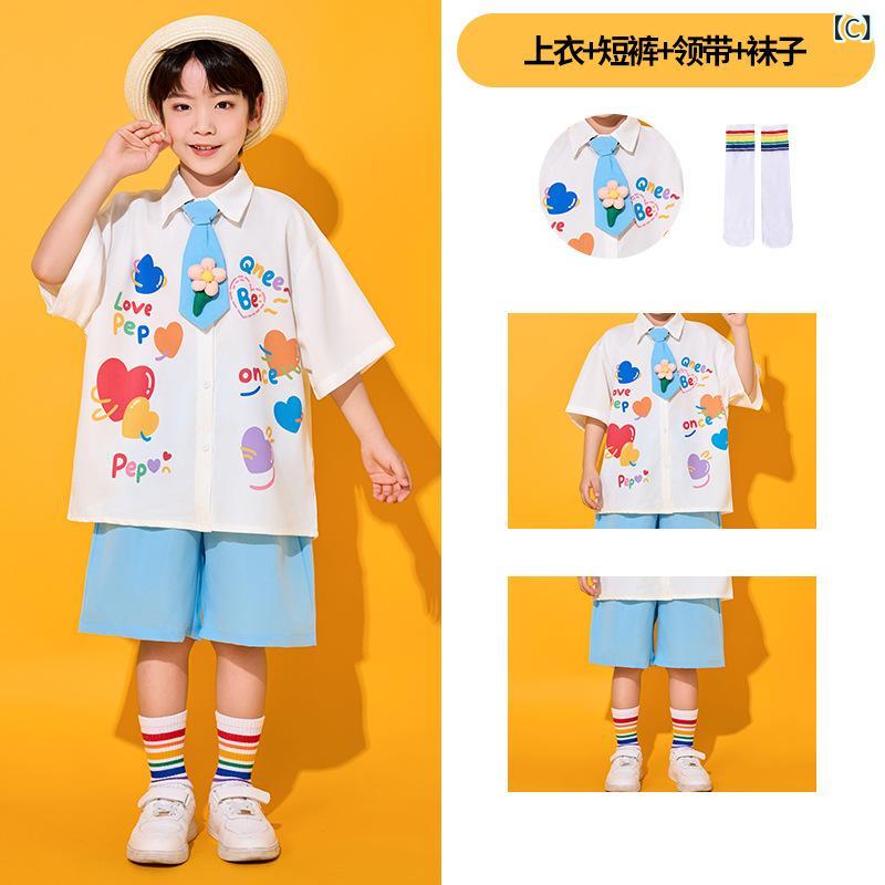キッズ ユニセックス 学院風 ララチーム ダンス衣装 子供 合唱 卒業写真 服 ポリエステル 吸湿速乾 軽量 夏 春夏 ブルー ピンク 花柄 切り替え ショートパンツ チュールスカート ネクタイ ヘアバンド ソックス ハンカチ 通学 イベント ステージ 3