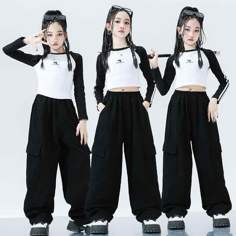 女児 ジャズダンス 衣装 子供 ストリートダンス 秋 ヒップホップ 公演服 ジャズ 舞台 グループ ダンスウェア 綿素材 柔軟 黒白 切り替え 上衣 黒 工装パンツ 两件セット 運動スタイル 潮范 伸縮性 通年 子供用 ダンスパフォーマンス トップス ボ