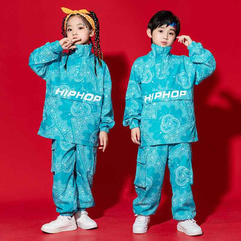 キッズ ダンス 衣装 ヒップホップ セット ストリートダンス 現代舞 ジャズダンス 演出服 セットアップ 長袖 長ズボン ブルー 腰果柄 ポリエステル 吸湿速乾 伸縮性 春秋 ユニセックス 中性 男の子 女の子 8歳以上 通学 レッスン ステージ 普段使