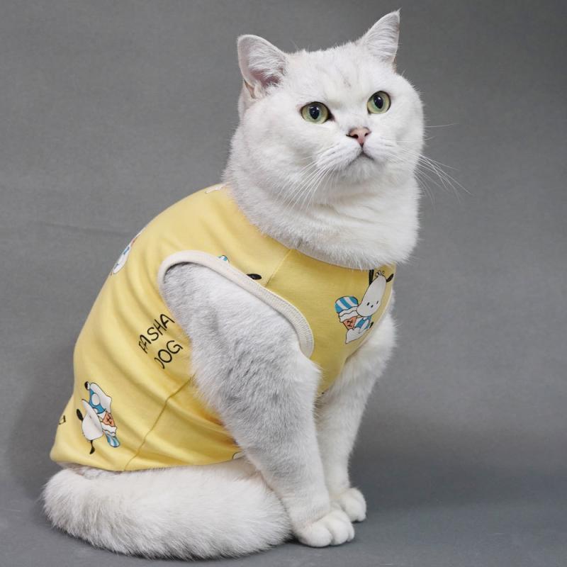 猫服 純綿 背心 猫咪用 かわいい 防毛抜け 夏用 無毛猫対応 接触冷感 綿素材 通気性 軽量 黄色 ピンク 緑 カジュアル ペットウェア 猫用トップス(x5)