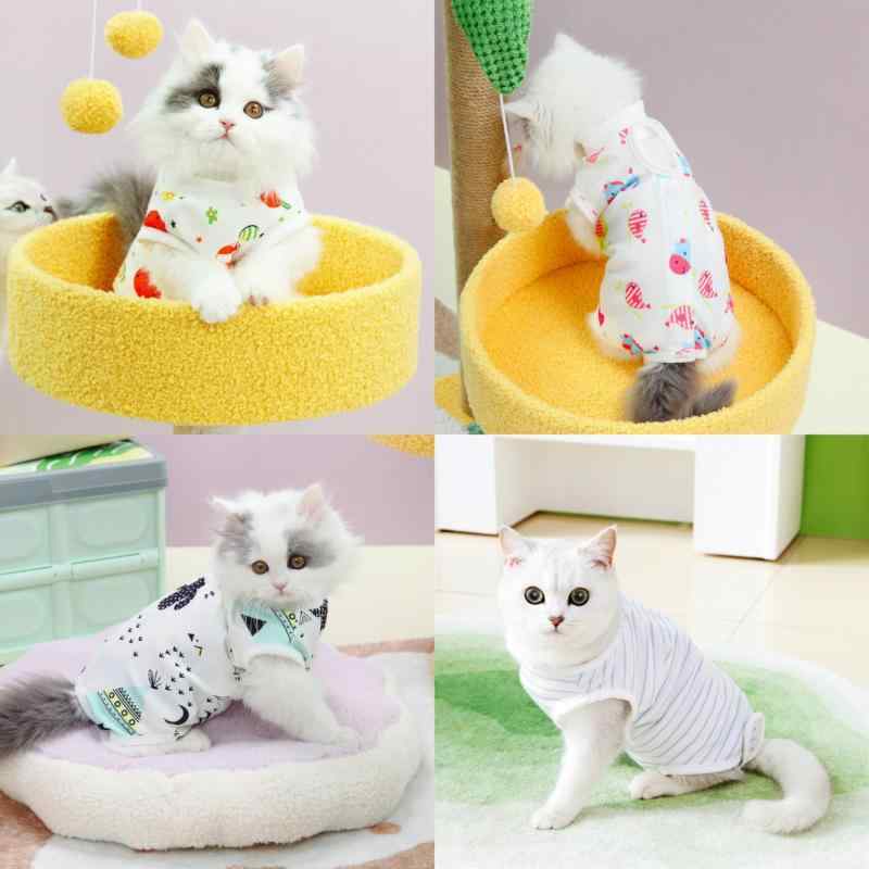 猫 絶育服 包帯カバー かわいい 術後回復用 細ストライプ ペット服 ユニセックス 灰色 ピンク 橙色 プリント柄 ポリエステル 軽量 伸縮性 吸湿速乾 日常使い 回復期 保護服 猫用 服装