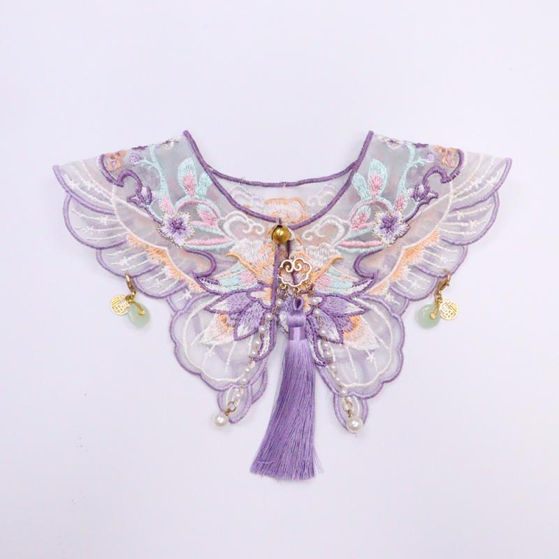ペット用 紫色 バタフライ ショール 漢服 配飾 刺繍 ビーズ タッセル 花柄 欧根紗 通年用 猫犬 首輪 軽量 かわいい 古風 アクセサリー ユニセックス