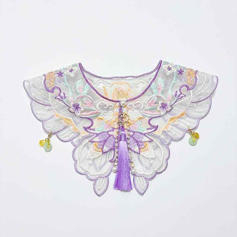 ペット ショール ハン服 アクセサリー 猫用 古風 刺繍 ビーズ タッセル 犬用 首輪 紫色 蝶柄 幾何模様 ポリエステル 夏用 通年対応 かわいい ペット用 軽量 切り替えデザイン ユニセックス 室内外 汎用