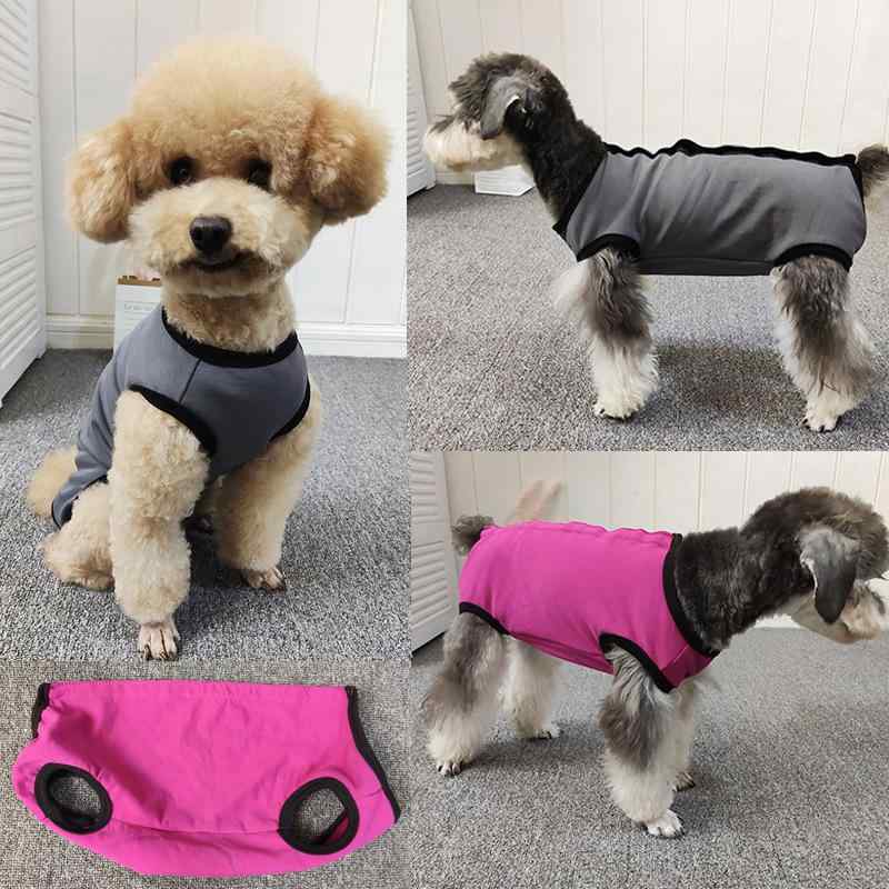 ペット服 テディベア犬 母犬用 腹部保護 手術後 回復用 ベスト 春秋 通年 伸縮性 純色 グレー ピンク 柔らかい素材 軽量 室内着 犬服 ユニセックス 四脚カバー 回復ケア シンプルデザイン