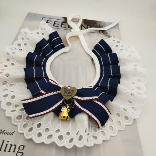 ペット 首輪 格子柄 鈴付き レース リボン バタフライボウ ドローリング 口周り ガード タオル スカーフ 猫 犬 通用 サイズ XS S M L 機織り 平紋 プリント加工 通年使用 調節可能 かわいい デザイン 綿混素材 軽量 快適フィット アクセ