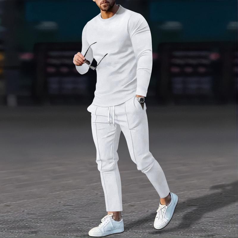セットアップ メンズ 長袖 ワッフル生地 快適 トップス ボトムス ロングパンツ 上下セット ラウンドネック クルーネック カジュアル 部屋着 ルームウェア 運動着 スポーツ 普段使い 春秋
