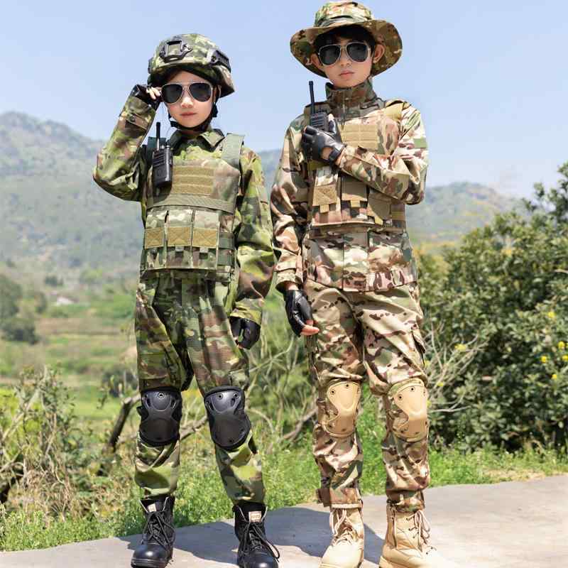 男児 迷彩服 セット 特種部隊 スタイル 夏令営 訓練服 幼稚園 演劇服 小中学生 軍訓服 長袖 立襟 化粧繊維 混紡 ポリエステル 100% 柔軟 処理 通年 対応 黒 グリーン グレー カモフラージュ パターン 子供服 軍装 風 ダンス 衣装 演技