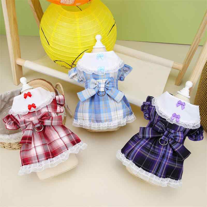 ペット服 ユニセックス 犬用 泰迪 ビーグル プリンセス風 薄手 ポリエステル キャンパス 制服 スカート 引っ張り紐付き ブルー 赤 紫 かわいい 軽量 伸縮性 通年 普段使い
