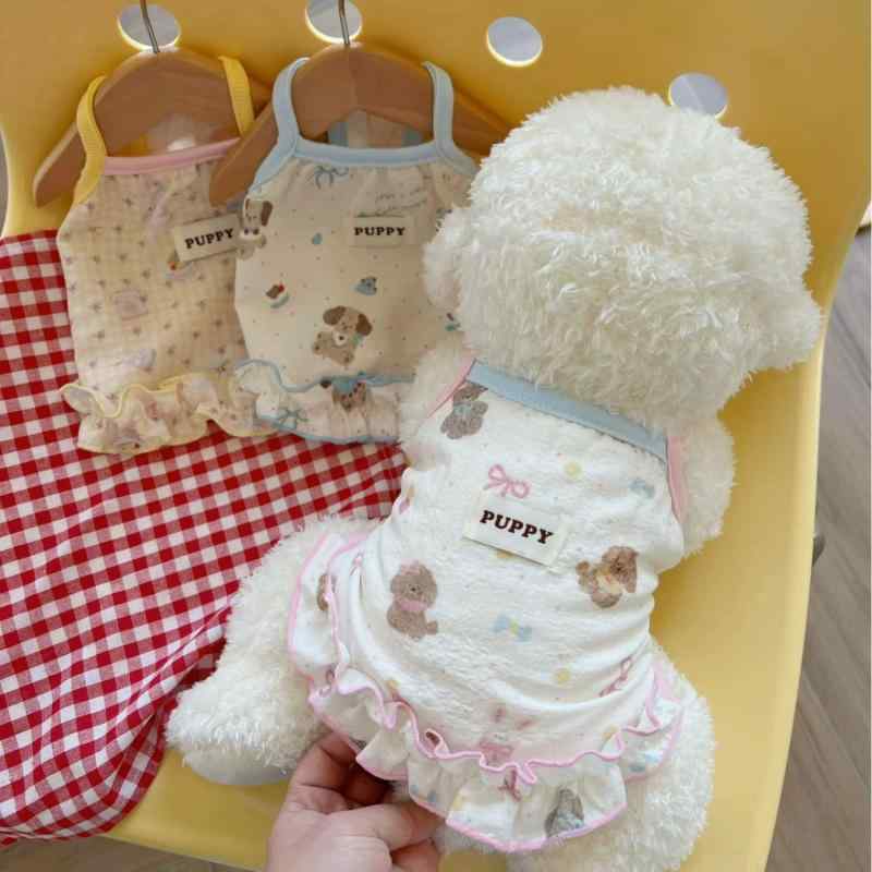 ペット 服 夏 薄手 通気性 コットン ダブルレイヤー クリンプ ファブリック クリーム 縁取り かわいい キャラクターデザイン 吊り紐 タンクトップ ユニセックス 犬猫用 小型犬 ビションフリーゼ ヨークシャーテリア ポメラニアン ミックス イエロー