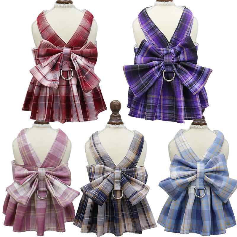 ペット服 ユニセックス 格子柄 チェック柄 スカート風 背心 胸背帯 牽引ロープ 散歩用 犬猫服 ポリーエステル 紫色 酒紅 空色 米白 深ピンク 緑 淡ピンク 紺色 軽量 カジュアル タイディ トイ犬 ペットグッズ