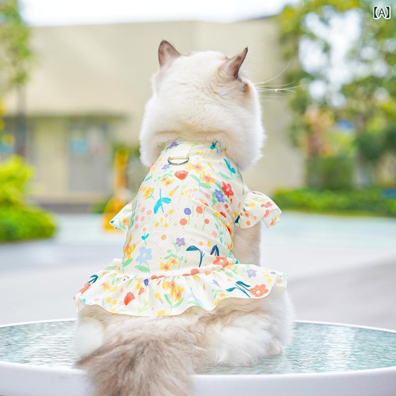 ペット服 猫犬用 春夏 プリンセスドレス 接触冷感 アクアリウムシルク フレッシュフラワー柄 ふんわり袖 ユニセックス かわいい 猫服 犬服 ワンピース 矮脚猫対応 軽量 伸縮性 綿混 ピンク イエロー レッド 花柄 桜柄 日常着 アウトドア