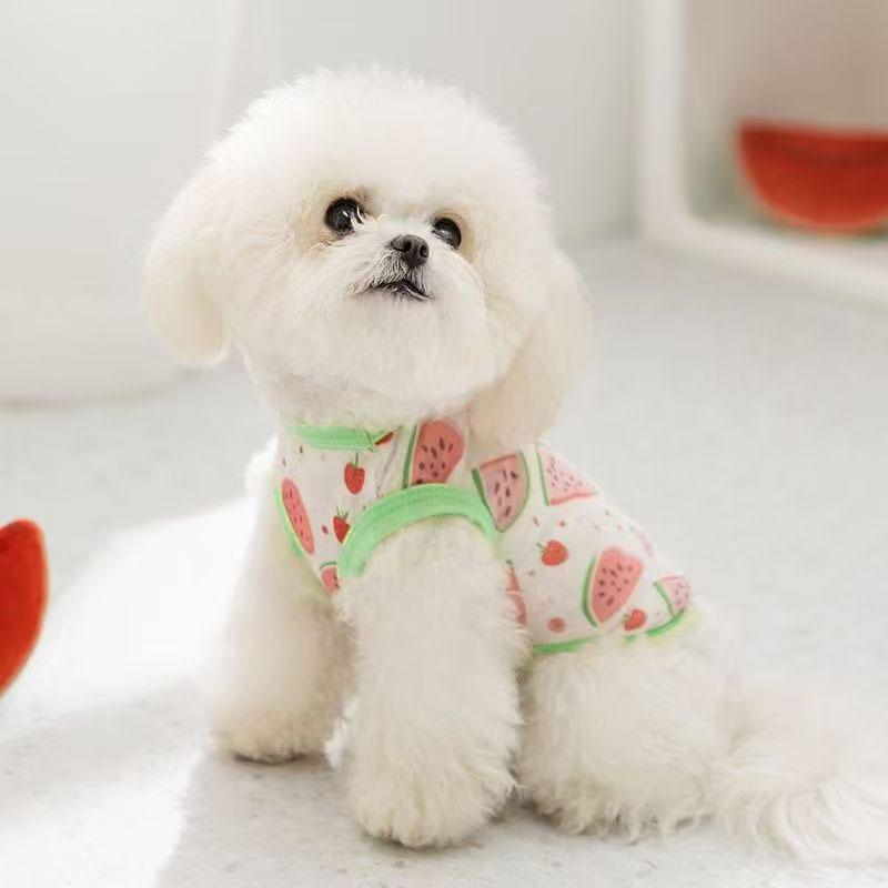 ペット服 春夏 薄手 メッシュ 西瓜柄 透気性 小型犬 背心 テディ ビションプードル チワワ 猫用 犬用 服 涤纶素材 軽量 カジュアル 赤 黄色