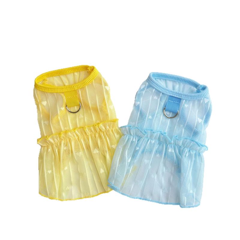 ペット服 スカート 犬猫用 夏 薄手 通気性 防晒 ビション プリンセス スタイル 愛心 レースアップ 荷葉 エッジ 軽量 涤纶 素材 ブルー イエロー かわいい ペットドレス ユニセックス 女の子 男の子 犬服 猫服 夏服 プリンセスドレス ビッグリボ