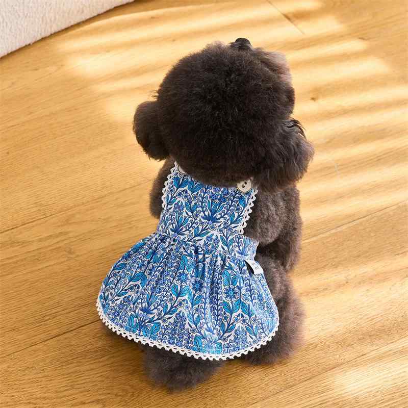 春夏 ペット 犬猫 女の子用 プリンセス風 コットン混紡 ワンピース スカート 服 かわいい 青花柄 印花デザイン 軽量 通気性 普段使い 誕生日 ギフト かわいい スタイル フェミニン シルエット XS S M L XL