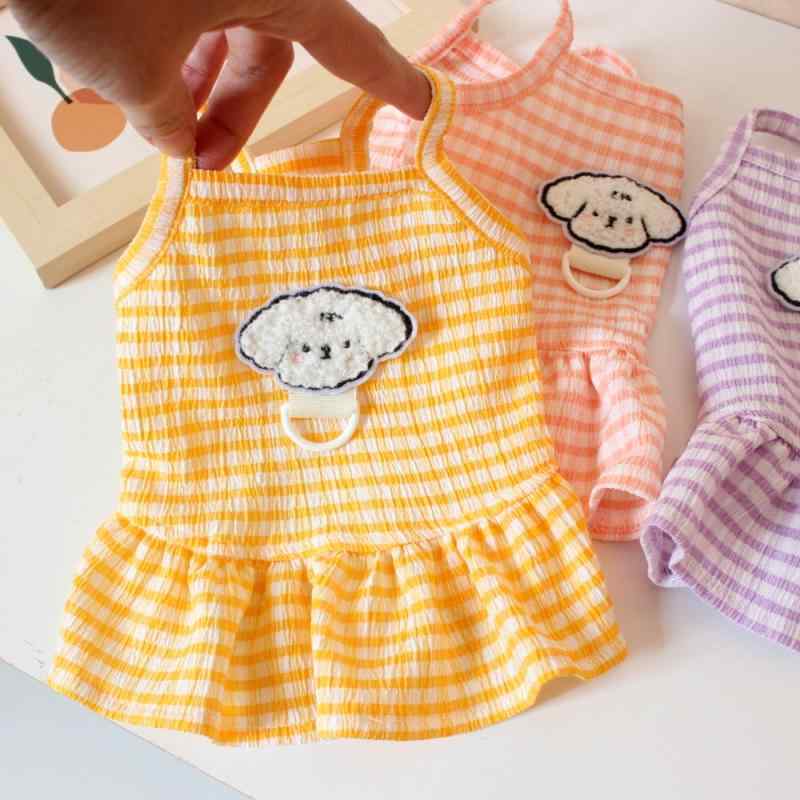 ペット 服 猫 犬 春夏 薄手 格子柄 吊り下げ プリンセス スカート かわいい ポリエステル 素材 通気性 軽量 黄色 ピンク 紫 プリンセススタイル ユニセックス ペット用 ファッション アイテム