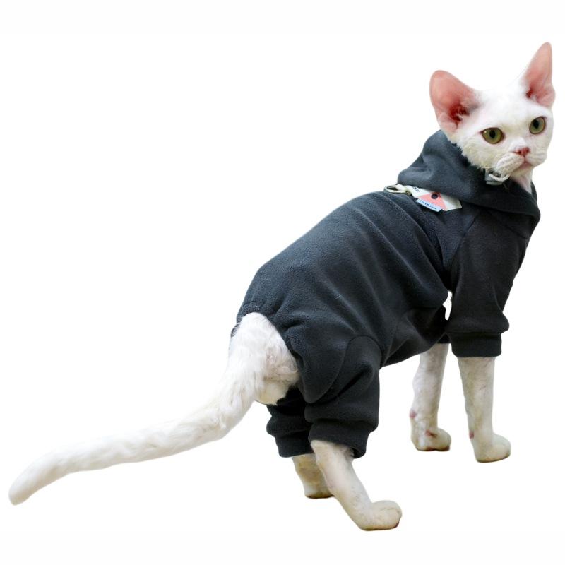 秋冬 ペット 猫 服 四脚 厚手 フリース 素材 グレー 連帽 腹部保護 ユニセックス 英短猫 対応 暖か 保温 防寒 室内着 ゆったり フィット カジュアル スタイル