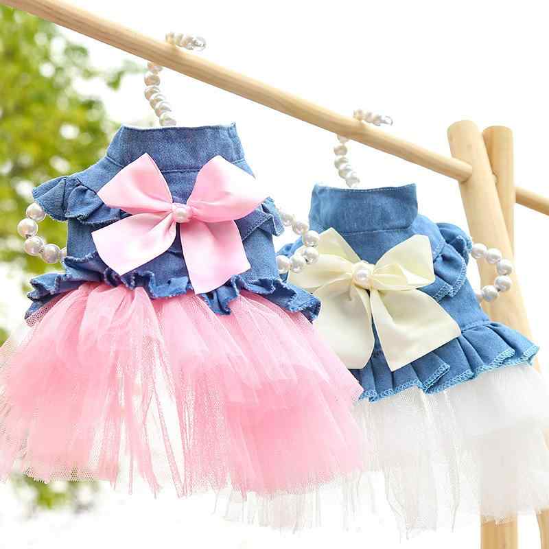 ペット服 スカート 犬猫用 ユニセックス 牛仔デニム プリンセススタイル 春夏 秋用 かわいい ファッション 普段使い 軽量 通気性 白色 ピンク系 韓国風