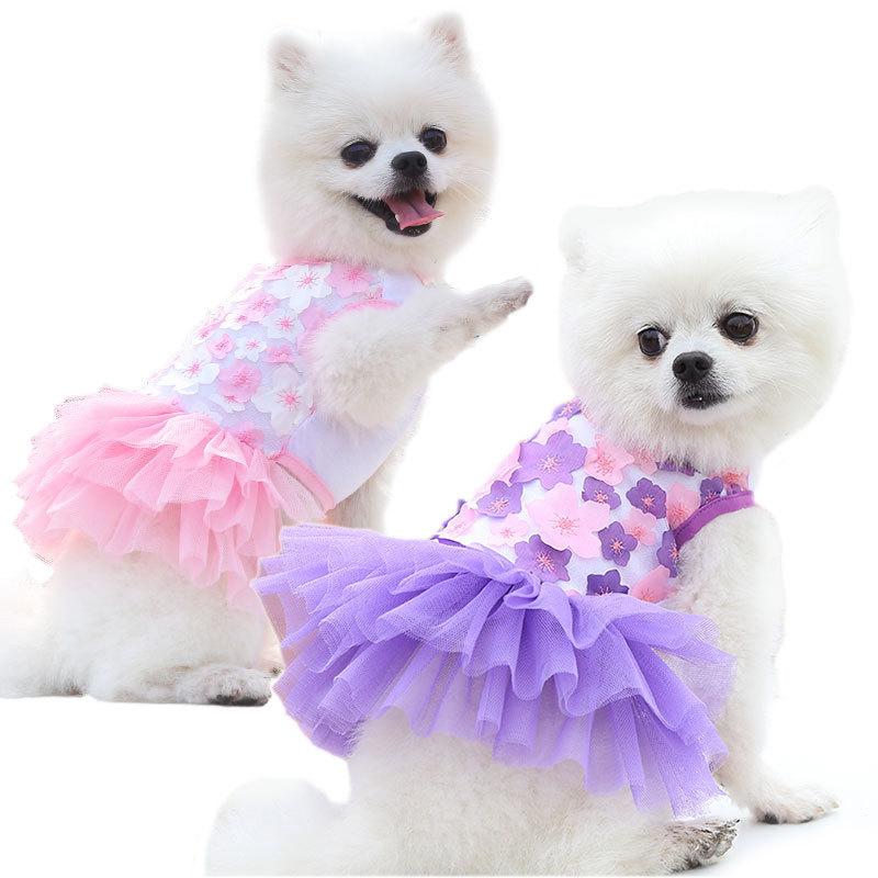 春夏 ペット用 犬猫 プリンセスドレス かわいい 桃花柄 スカート 綿素材 ピンク 紫 白 ブルー 軽量 通気性 良い ユニセックス 泰ディ ビションプードル 服 アクセサリー
