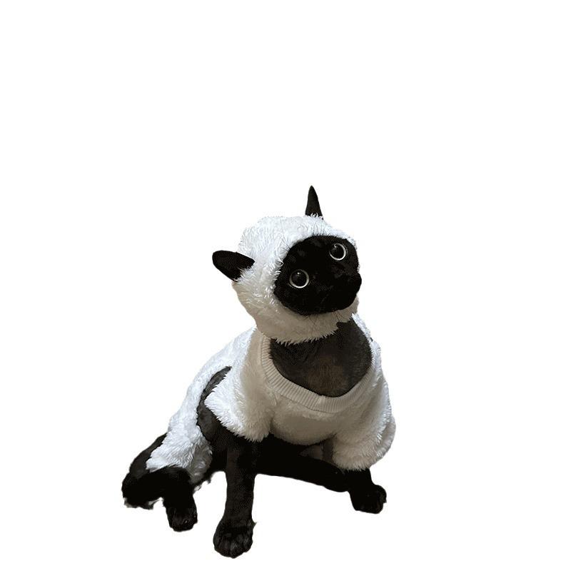 スフィンクス猫服 秋冬保暖 四脚服 無毛猫用 羊羔双面绒 コットン素材 ユニセックス かわいいカートゥーン柄 白色 軽量 柔らかい 室内用 通年対応 暖か素材