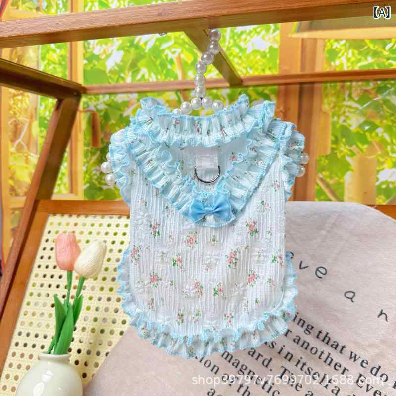 ペット服 背心スカート ユニセックス 猫用 犬用 子供犬用 小型犬用 春夏 薄手 涼感 接触冷感 透気性 防晒 ポリエステル プリンセススタイル ブルー 木耳レース 切り替え 軽量 通気 夏服 ペット用服 犬猫服 涼しい メッシュ