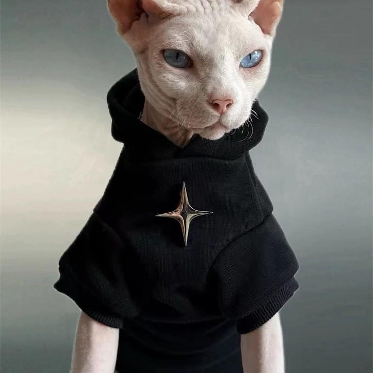 ペット服 秋冬 ユニセックス 猫用 フーディー 十字星 デザイン シンプル デニム風 無毛猫対応 保暖 防寒 猫服 コスプレ 衣類 ブラック ブルー 涤纶素材 軽量 伸縮性 室内用 アウトドア 普段使い かわいい ペットアクセサリー ユニセックス 猫咪