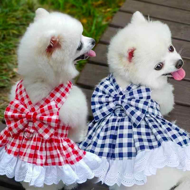 ペット服 犬猫用 格子柄 花辺 スカート ブラウス 背負い ハーネス リード セット 散歩用 ユニセックス チェック柄 フリル付き 涤纶素材 軽量 伸縮性 かわいい デザイン テディ ビションプードル フレンチブルドッグ 対応 M Lサイズ